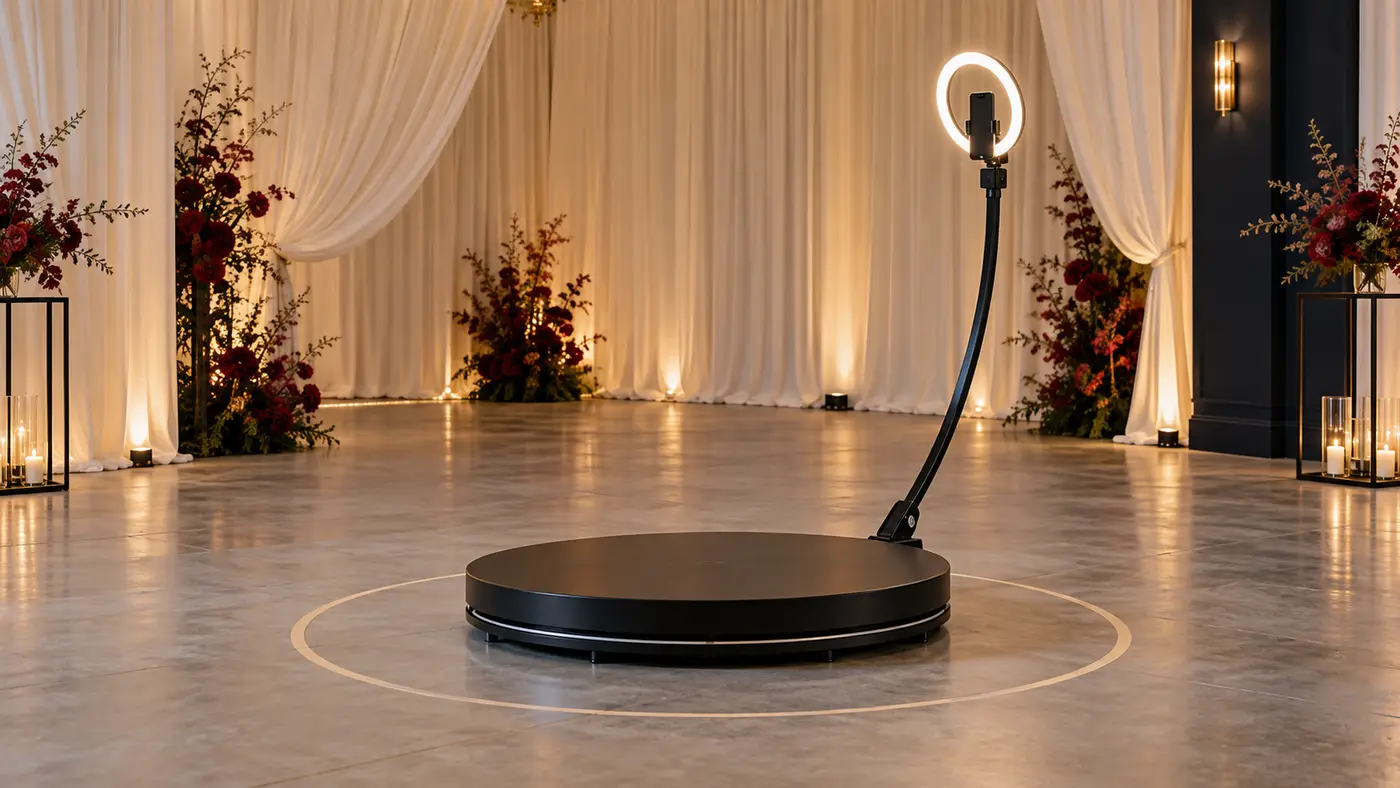 A 360 photo booth platform and camera arm in an event space