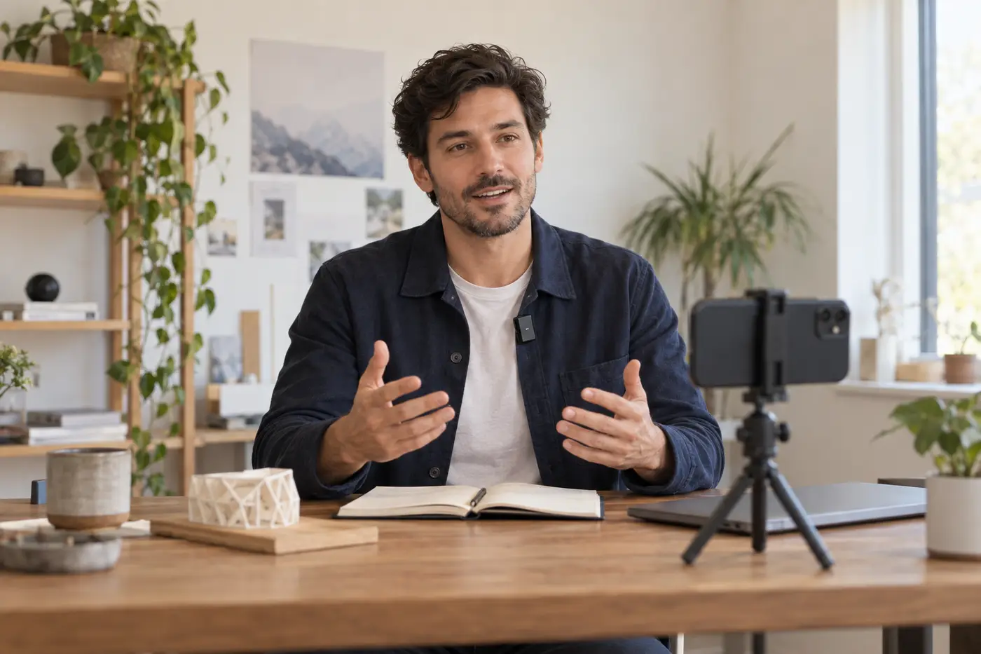 A founder wearing a small lapel mic records a phone video at a desk