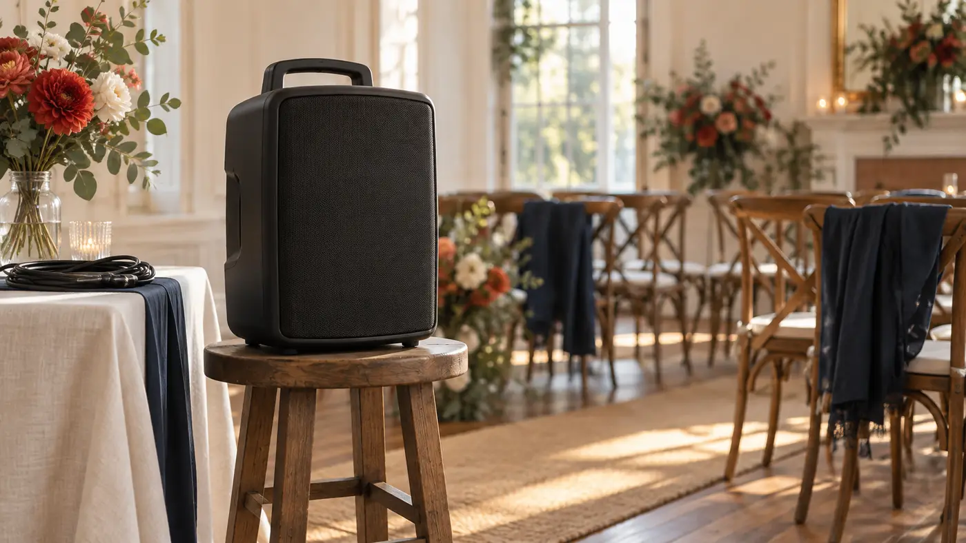 A compact PA speaker in a light-filled event room