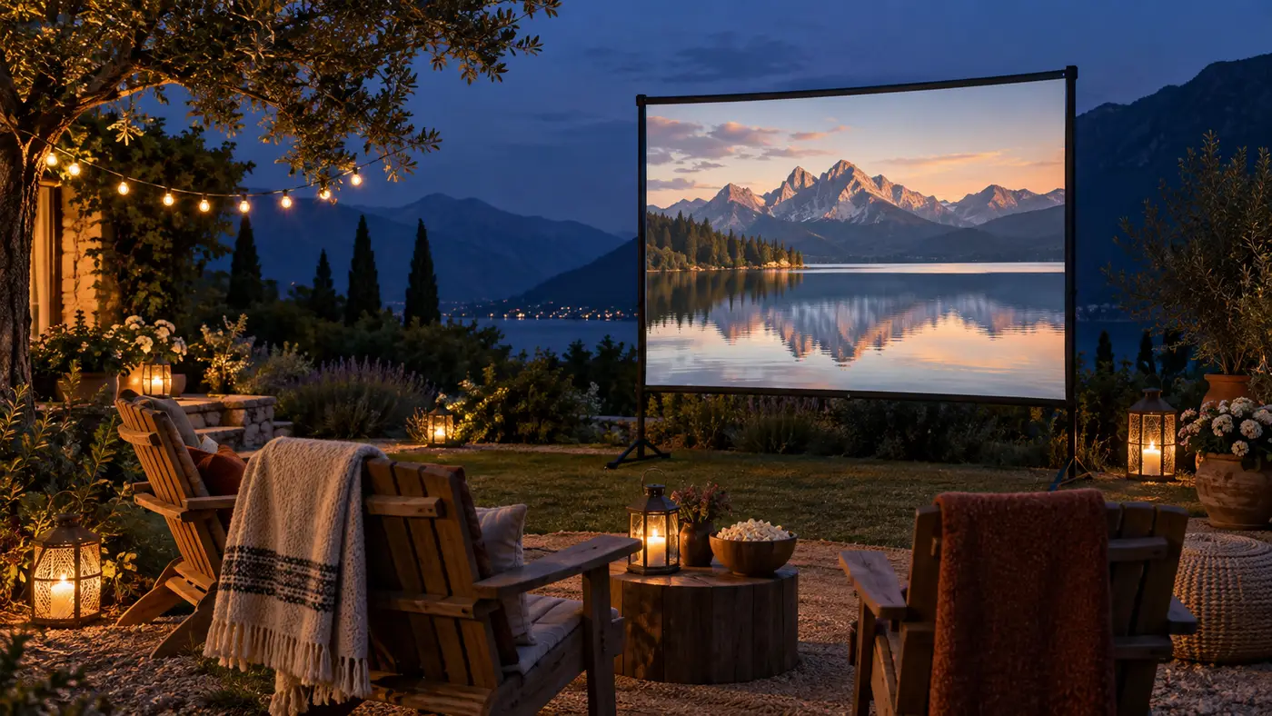 An outdoor movie screen with rows of chairs at dusk