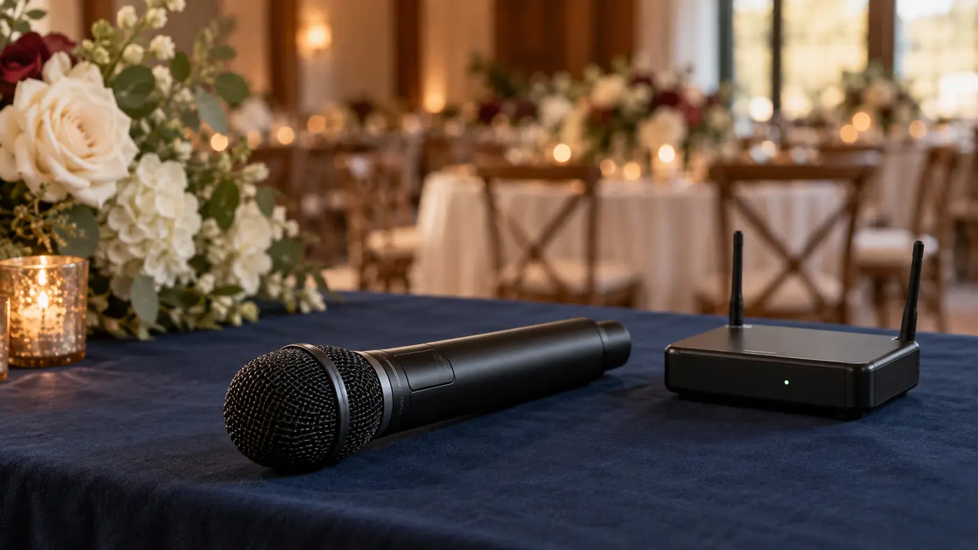 A wireless handheld microphone and receiver at a reception